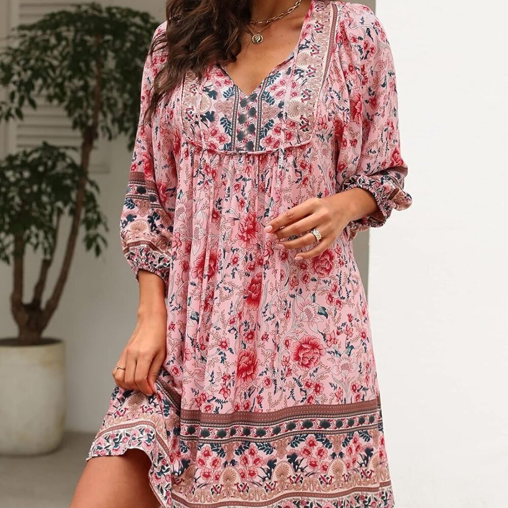 Womens Boho Summer Dress Rayon Floral Print V Neck 3/4 Sleeves Mini Beach Wear - Picture 3 of 5